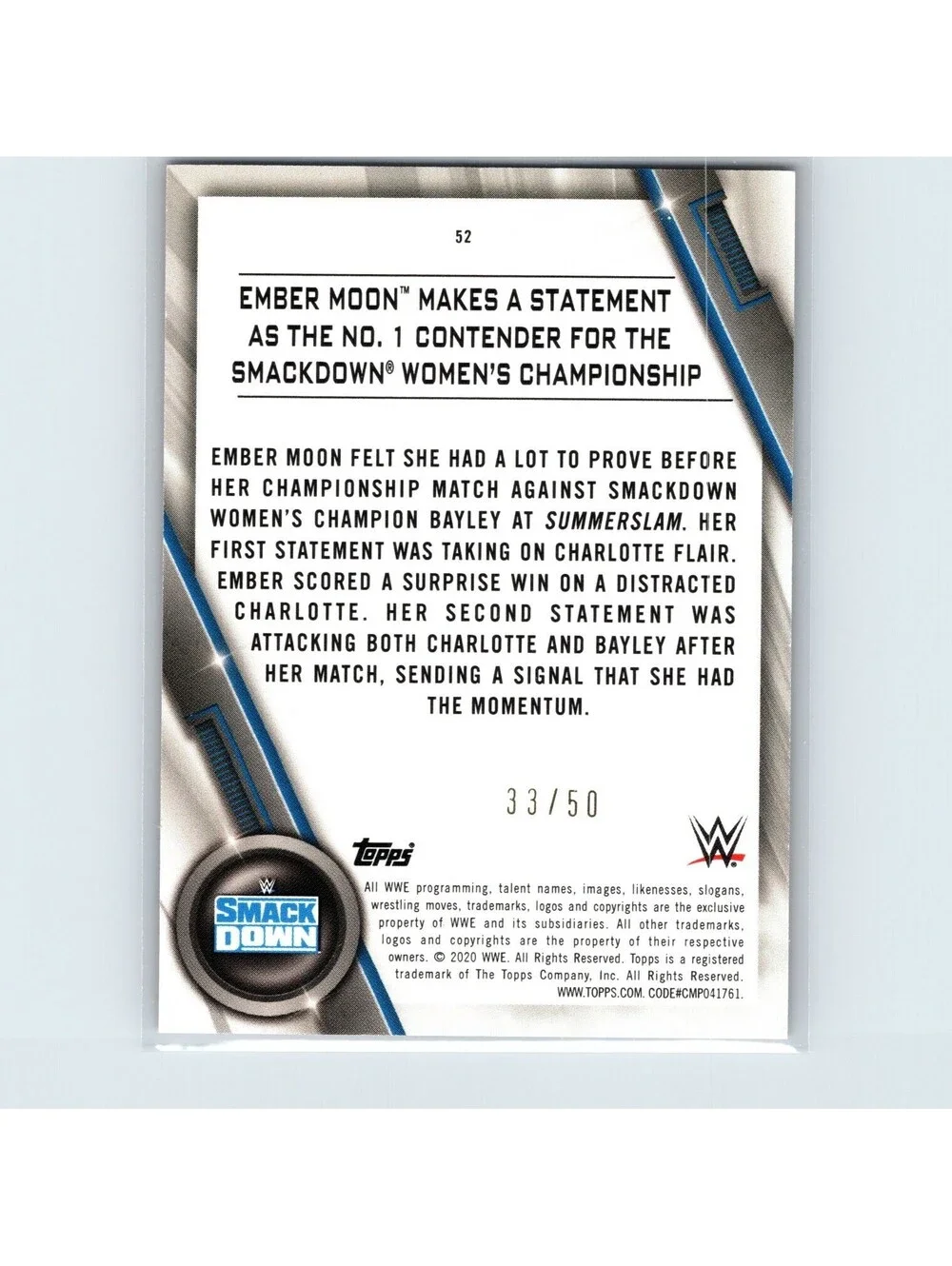 2020 Topps WWE Women's Division Ember Moon #52 Orange #/50